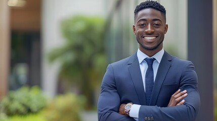 Confident African American businessman in suit smiling with arms crossed.