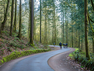 Fototapeta premium peaceful cycling path winding through lush forest, surrounded by tall trees and vibrant greenery, invites outdoor enthusiasts to enjoy nature beauty
