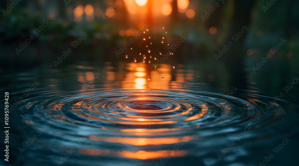 Poster a serene sunset reflects on water, creating ripples and capturing droplets splashing gently, evoking