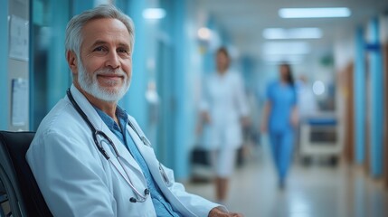 A smiling doctor in a hospital corridor, conveying care and professionalism.