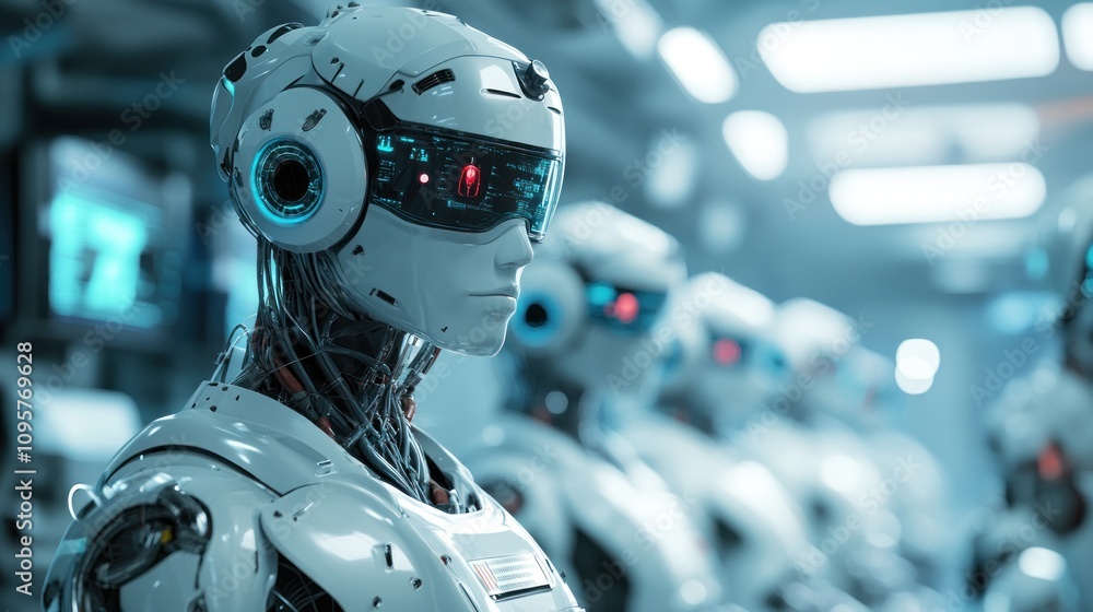 Poster futuristic robots lined up in a high-tech environment, showcasing advanced technology.