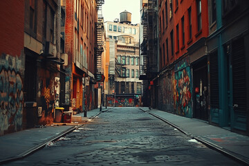 Fototapeta premium city alley adorned with colorful graffiti, showcasing urban art and cobblestone streets. vibrant murals add character to quiet, deserted atmosphere