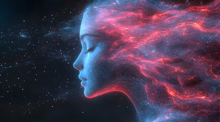 A digital art piece featuring a serene female profile with vibrant cosmic colors swirling around, suggesting a connection to the universe.