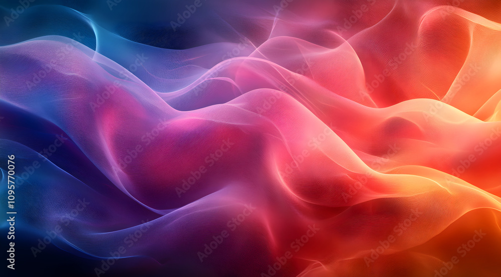 Poster a colorful, abstract wave pattern with gradients of blue, pink, and orange, creating a smooth and fl