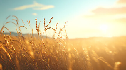 Naklejka premium Close-up of a golden wheat field under a blue sky on a sunny day, featuring beautiful high-definition photography with a softly blurred background. Sunlit Wheat Field. Illustration