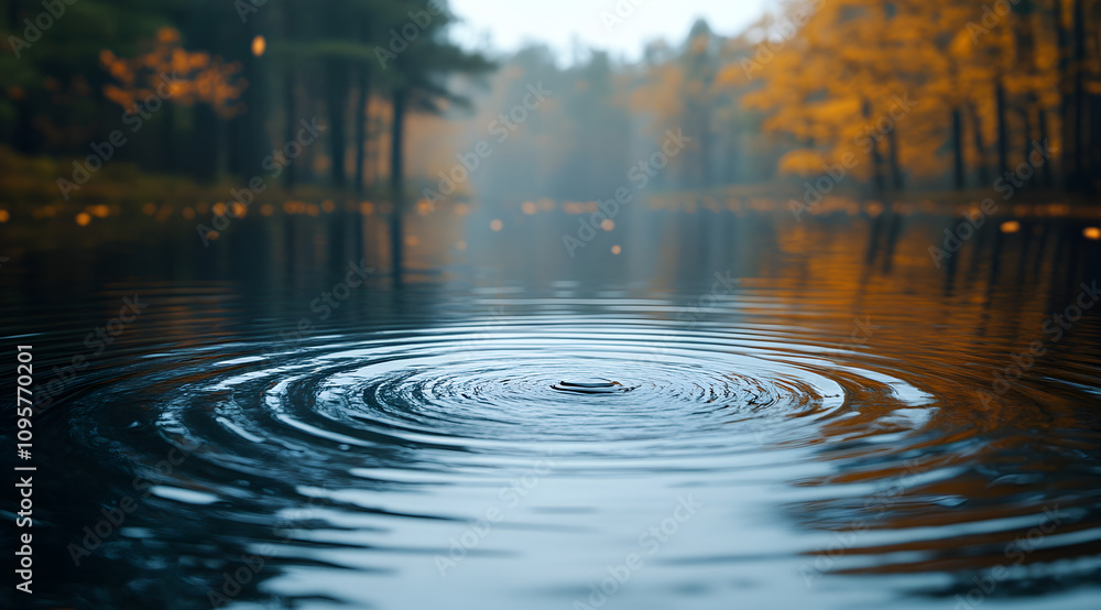Poster a serene lake scene with ripples in the water, surrounded by trees displaying autumn foliage and a m