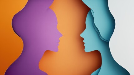 Two female profile silhouettes facing each other in a paper cut style with orange, purple, and blue colors.