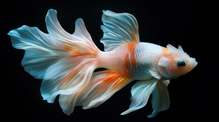 Fototapeta premium A beautifully detailed goldfish with flowing fins against a dark background.