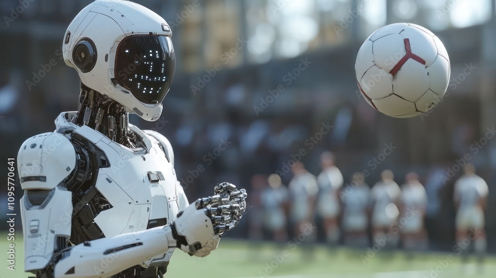 Poster a humanoid robot prepares to interact with a floating soccer ball in a sports setting.