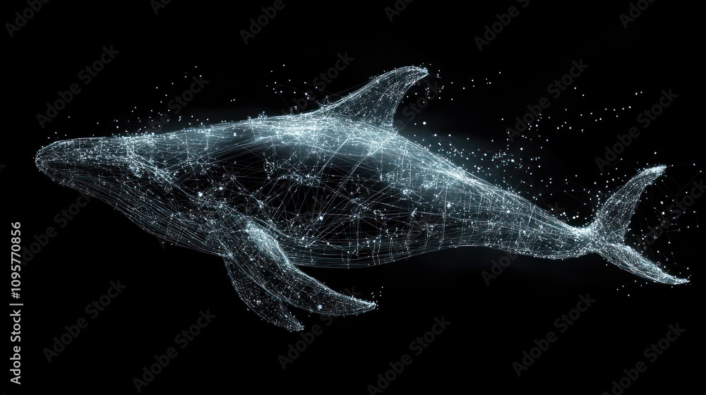 Poster a digital representation of a whale, composed of interconnected lines and particles.