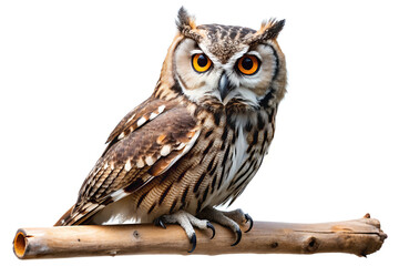 Fototapeta premium Alert owl perched on a branch, isolated on white background