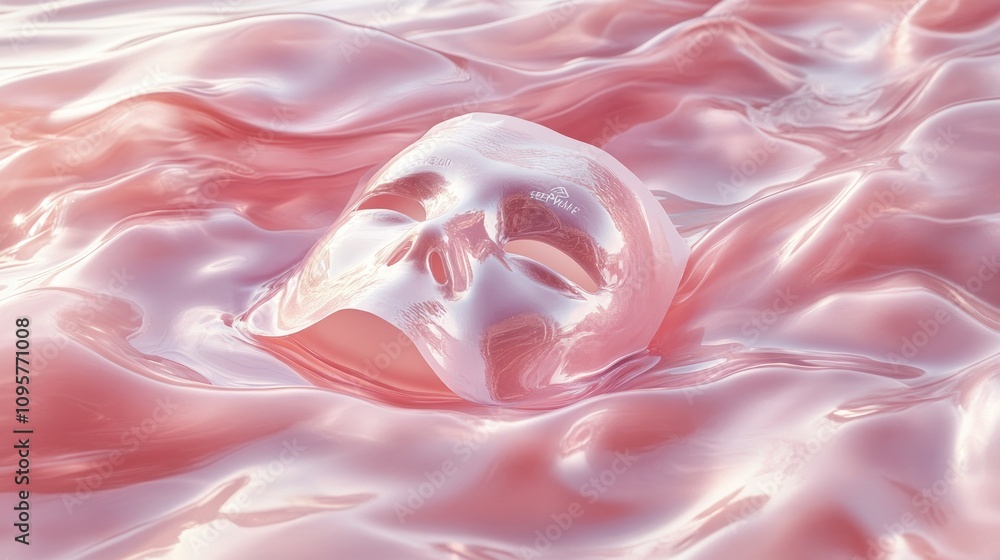 Poster a surreal image of a face submerged in glossy, pink liquid, evoking emotion and abstraction.