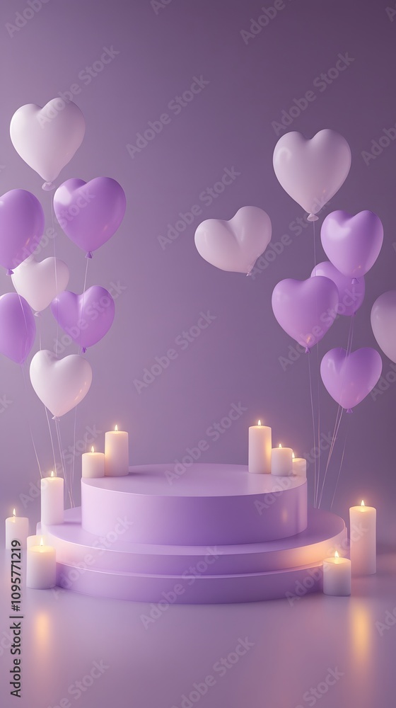 Poster a minimalist podium with soft lavender lighting, surrounded by floating heart-shaped balloons and gl