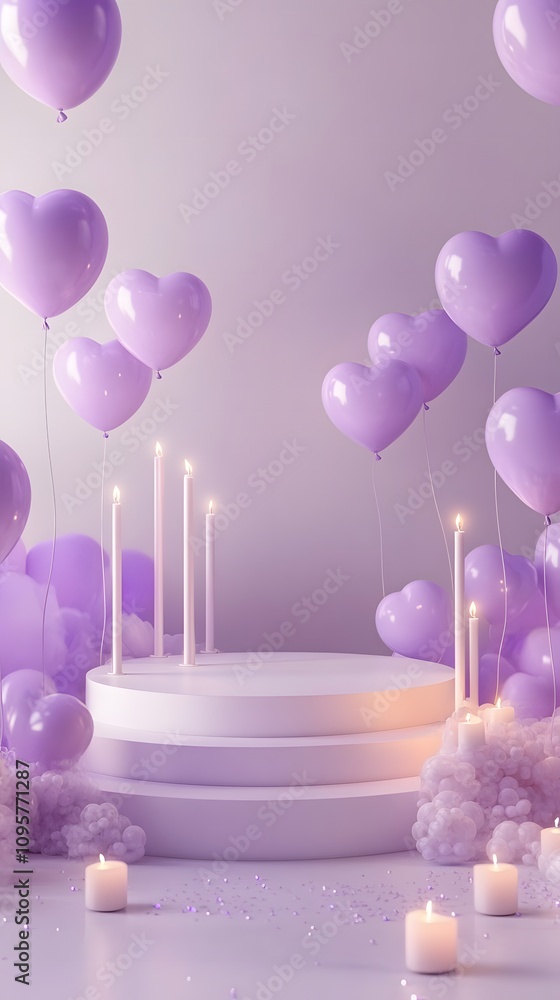 Poster a minimalist podium with soft lavender lighting, surrounded by floating heart-shaped balloons and gl