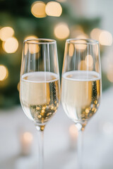 Cheers to celebration with two elegant champagne flutes filled with bubbly, set against backdrop of soft, glowing lights that create warm and festive atmosphere