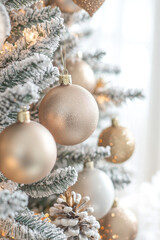 Elegant holiday decorations featuring golden ornaments on snowy Christmas tree create warm and festive atmosphere. shimmering baubles and frosted branches enhance seasonal charm