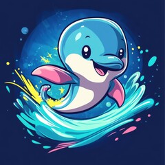 A cute cartoon dolphin leaps out of the water with a splash.