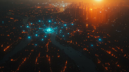 Fototapeta premium Smart digital city with connection Innovation network reciprocity over the sunset cityscape Concept of future wireless digital city and social media networking systems that connects business people