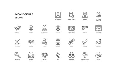 movie genre cinema film cinematography theater entertainment outline line icon set