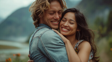 Naklejka premium Caucasian man and Asian woman hugging joyfully outdoors.