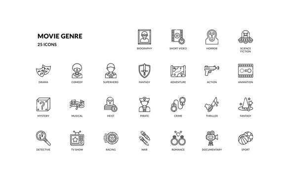 movie genre cinema film cinematography theater entertainment outline line icon set