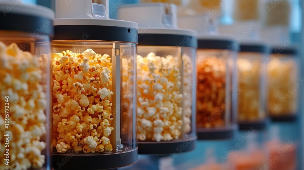 Poster a display of various popcorn types in transparent containers, highlighting flavors and textures.