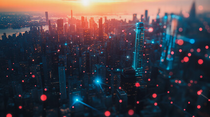 Fototapeta premium Smart digital city with connection Innovation network reciprocity over the sunset cityscape Concept of future wireless digital city and social media networking systems that connects business people