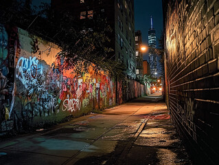nighttime scene of illuminated graffiti on city wall, showcasing vibrant colors and urban art. street is wet, reflecting city lights, creating moody atmosphere