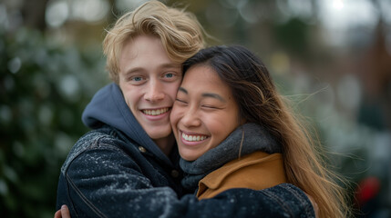Obraz premium Caucasian man and Asian woman hugging joyfully outdoors.