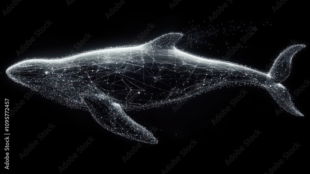 Poster a digital representation of a whale made from interconnected lines and particles.