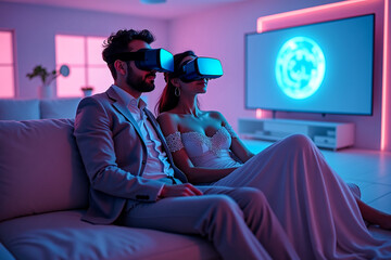 A couple using virtual reality headsets together at home