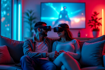 Naklejka premium A couple testing vr headset together at home.