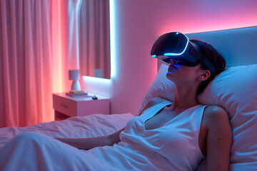 A woman lying in a bed, wearing a virtual reality headset.