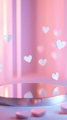 A geometric podium with a mirrored surface, set against a backdrop of soft, romantic pink lighting and floating hearts, leaving a clear area for product display.