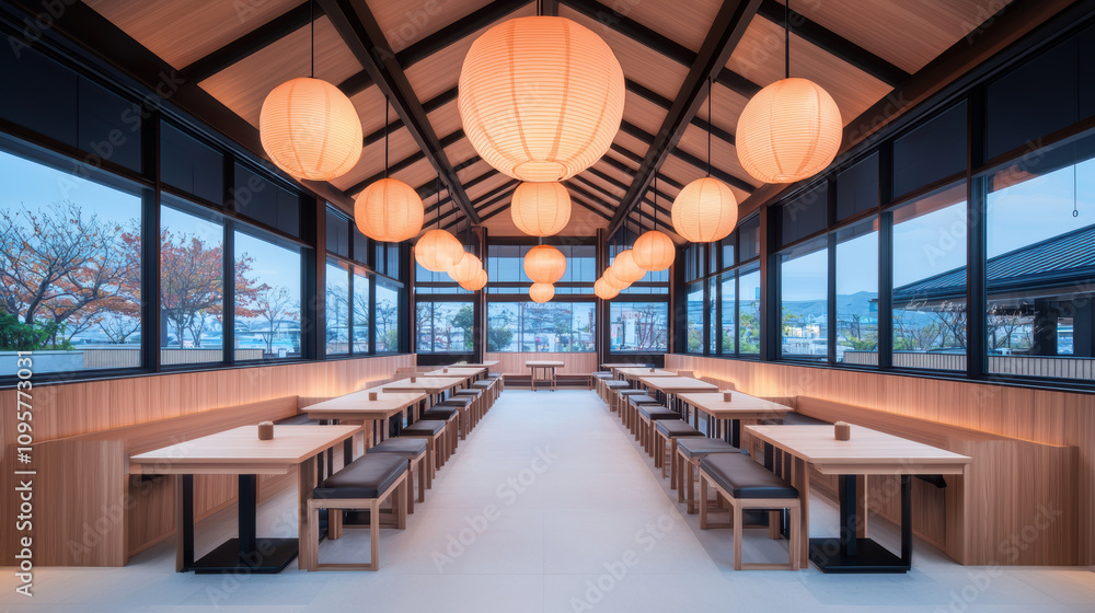 Poster serene dining space featuring wooden tables and lanterns, creating warm atmosphere. large windows of