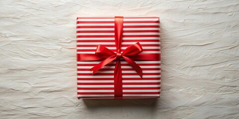 Obraz premium A red and white striped gift box with a vibrant red satin ribbon bow, resting on a textured surface