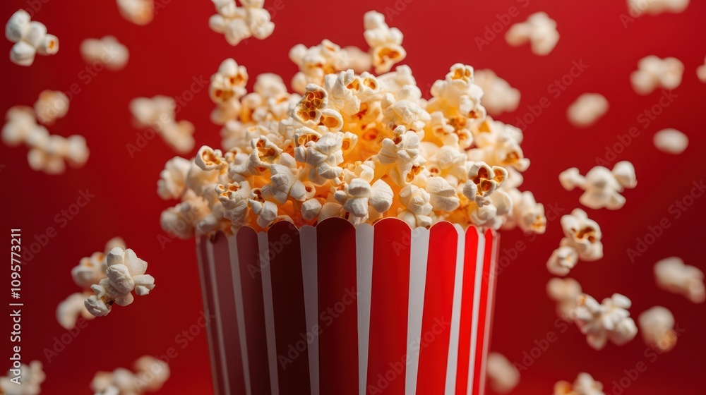 Poster a vibrant image of popcorn overflowing from a striped container against a red background.