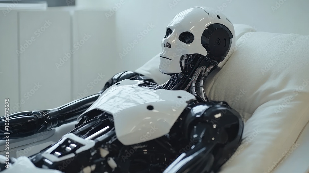 Poster a humanoid robot reclines on a couch, showcasing its sleek design and mechanical features.