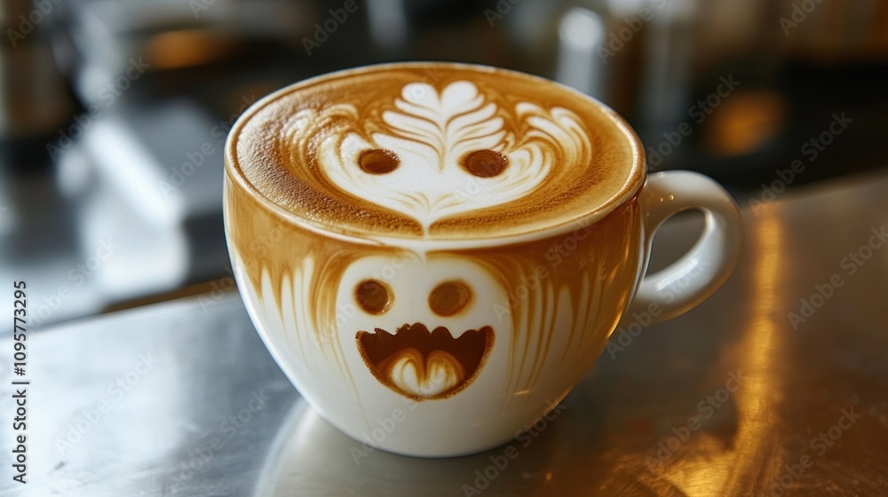 Poster a latte with intricate foam art resembling a playful face.