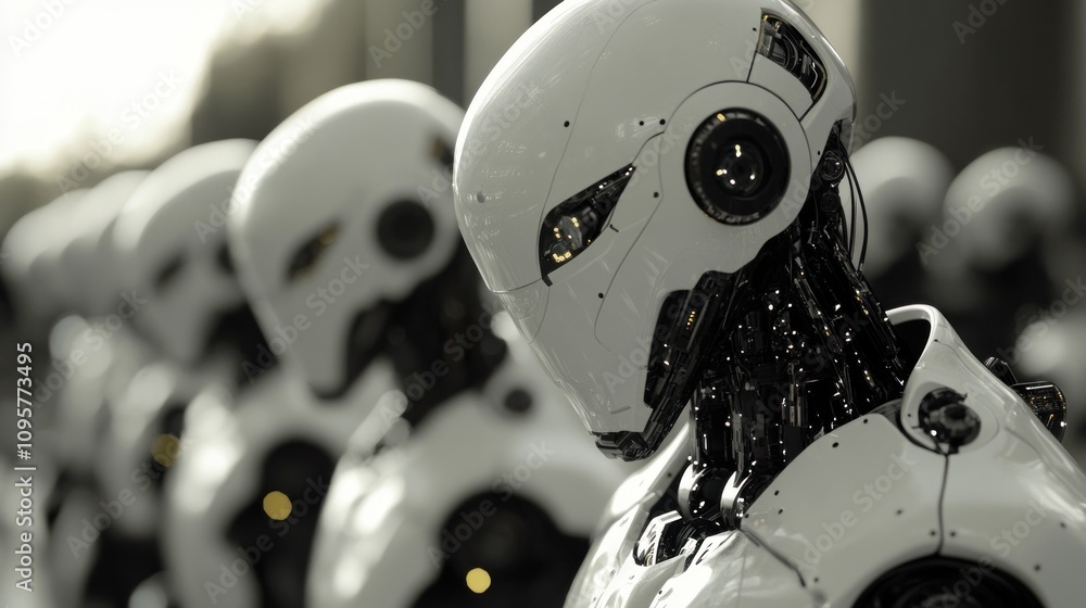 Poster a row of humanoid robots with sleek designs, showcasing advanced technology.