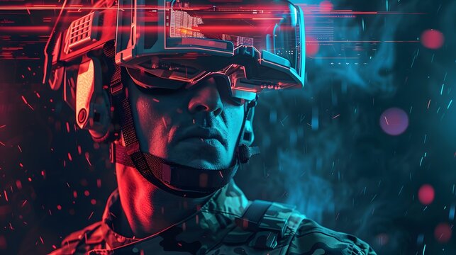 Close-up portrait of a soldier wearing futuristic goggles in a neon light.