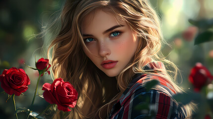 A young woman with long, wavy blonde hair and blue eyes looks at the camera with a gentle expression. she is wearing a plaid jacket and holding red roses. Enchanted Rose Garden. Illustration