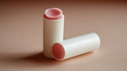 Two lip balms in a soft pink hue, designed for moisturizing and protecting lips.