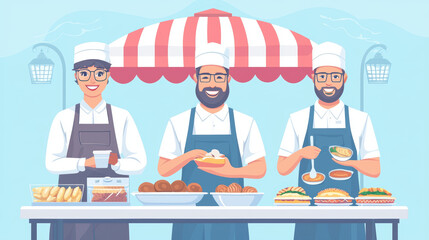 Vibrant food court scene featuring three cheerful vendors serving delicious dishes. atmosphere is lively and inviting, showcasing variety of culinary delights