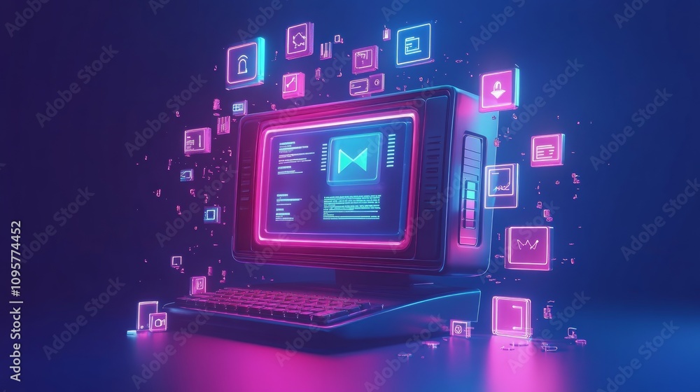 Aufkleber retro computer with neon glowing app icons.