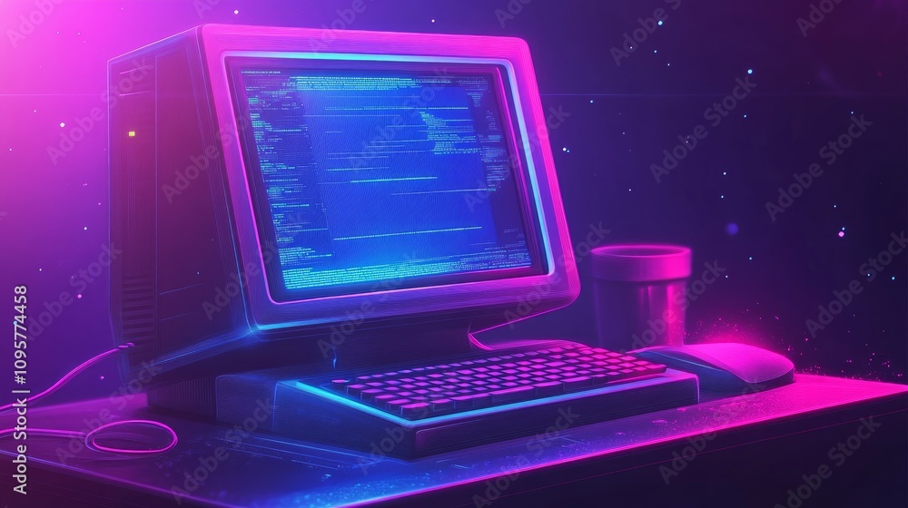 Poster retro computer with keyboard and mouse on desk, neon light.