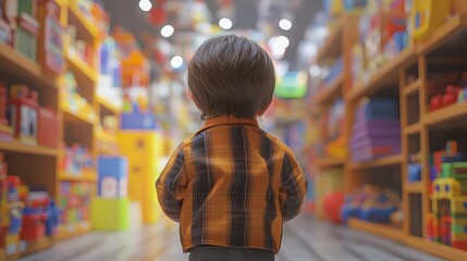 Obraz premium Toddler in toy store, back view. Perfect for e-commerce, blogs, or articles about childhood and toys.
