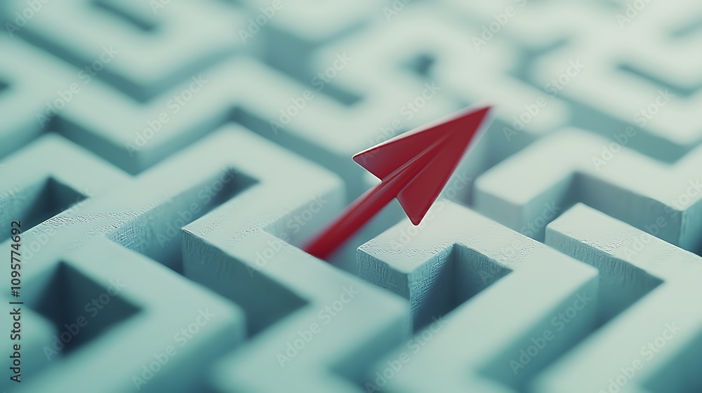 Poster a red arrow points upward through a complex maze, symbolizing guidance and direction in problem-solv