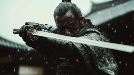 A samurai warrior in traditional clothing, wielding a katana sword, stands in the rain.
