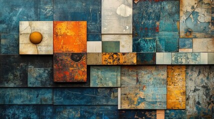 Abstract composition of geometric shapes and colors on a textured background.